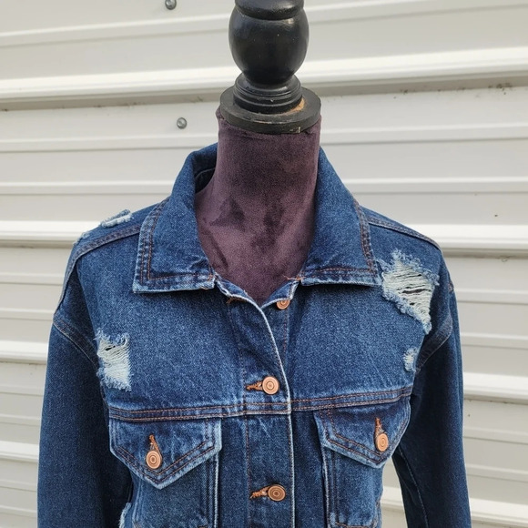 Celebrity Pink Jacket Womens Rose Gold Button Blue Denim Distressed XS - Picture 10 of 11